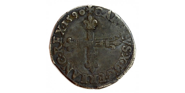 Monnaie, France , 1/4 écu croix de face, Charles X - Cardinal de Bourbon, Argent, 1590, Nantes (T), P11328