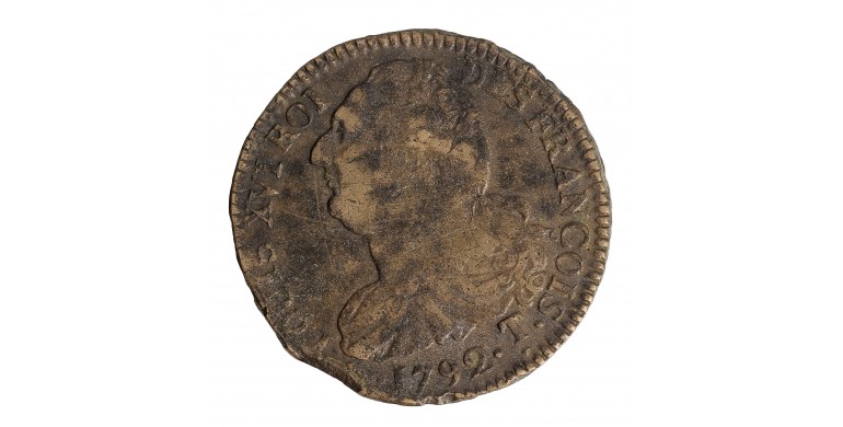 Monnaie, France, 2 Sols François, Louis XVI, métal de cloche, 1792, Saumur, P15812