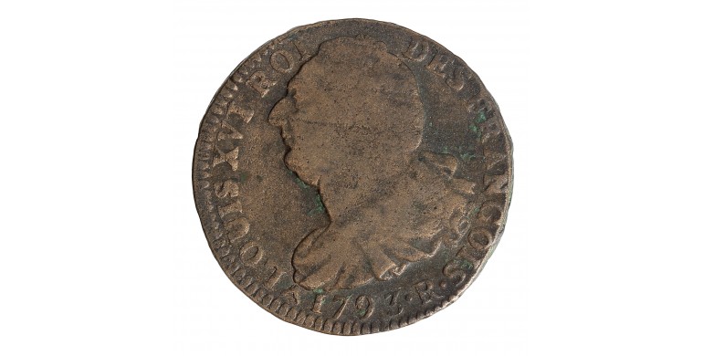 Monnaie, France, 2 Sols François, Louis XVI, métal de cloche, 1792, Orléans (R), P15846