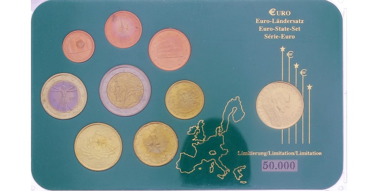 Italie, Série Euro avec pièce de 200 lires à l'effigie de Jean Paul II , 1998 à 2000, 9 pièces, C10874