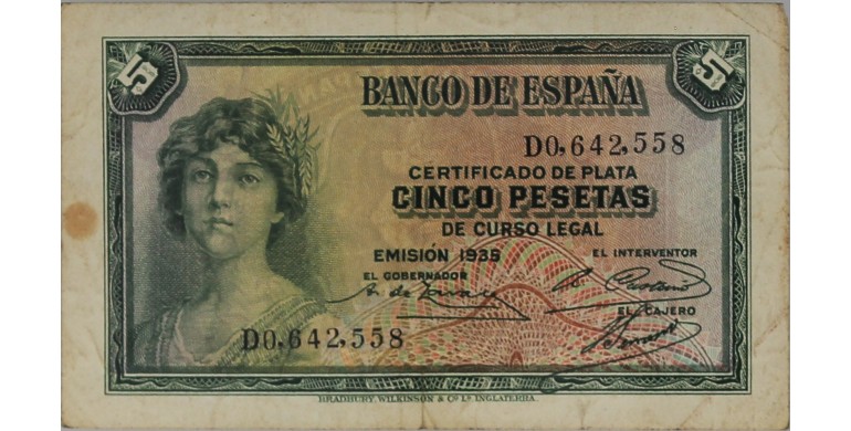 Billet, Espagne, 5 Pesetas Silver Certificates, 1935, B10350