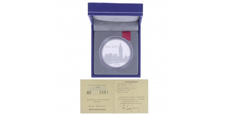 Monnaie,France,15 écus / 100 francs - Big BEn (Londres),Monnaie de Paris,Argent,1994,Pessac,P13610